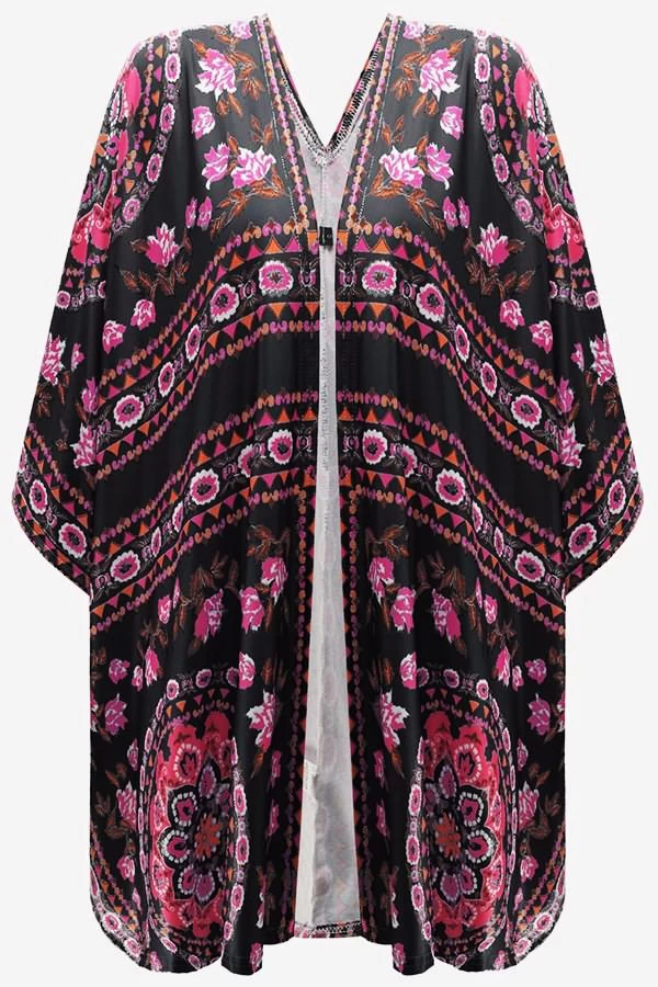 Black Floral Printed Open Front Cover Up Dress